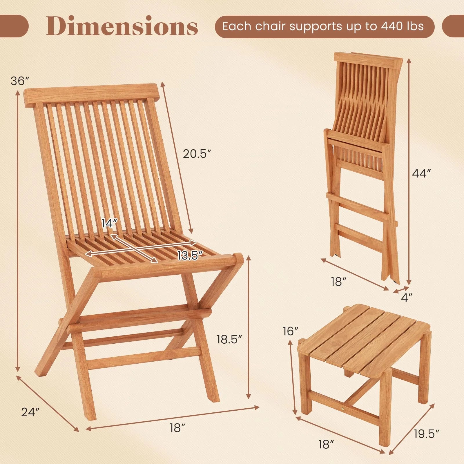 Tangkula 3 Pieces Outdoor Teak Wood Folding Patio Bistro Set