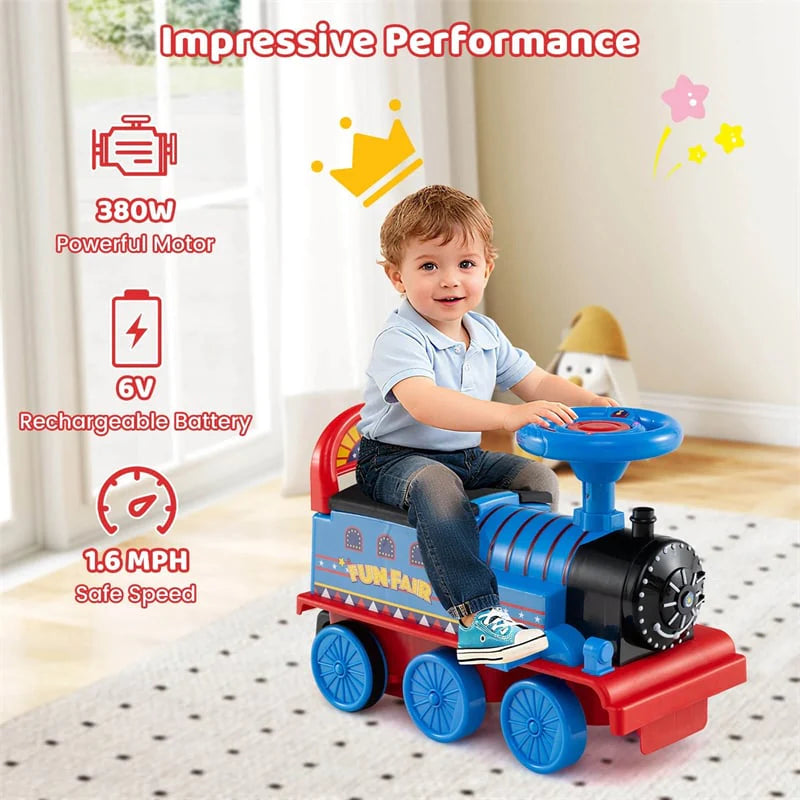 6V 2 - Seater Ride On Train with Detachable Carriage, Under - Seat Storage, Whistle & Flashing LED Lights, Trackless Electric Ride On Toy for Kids
