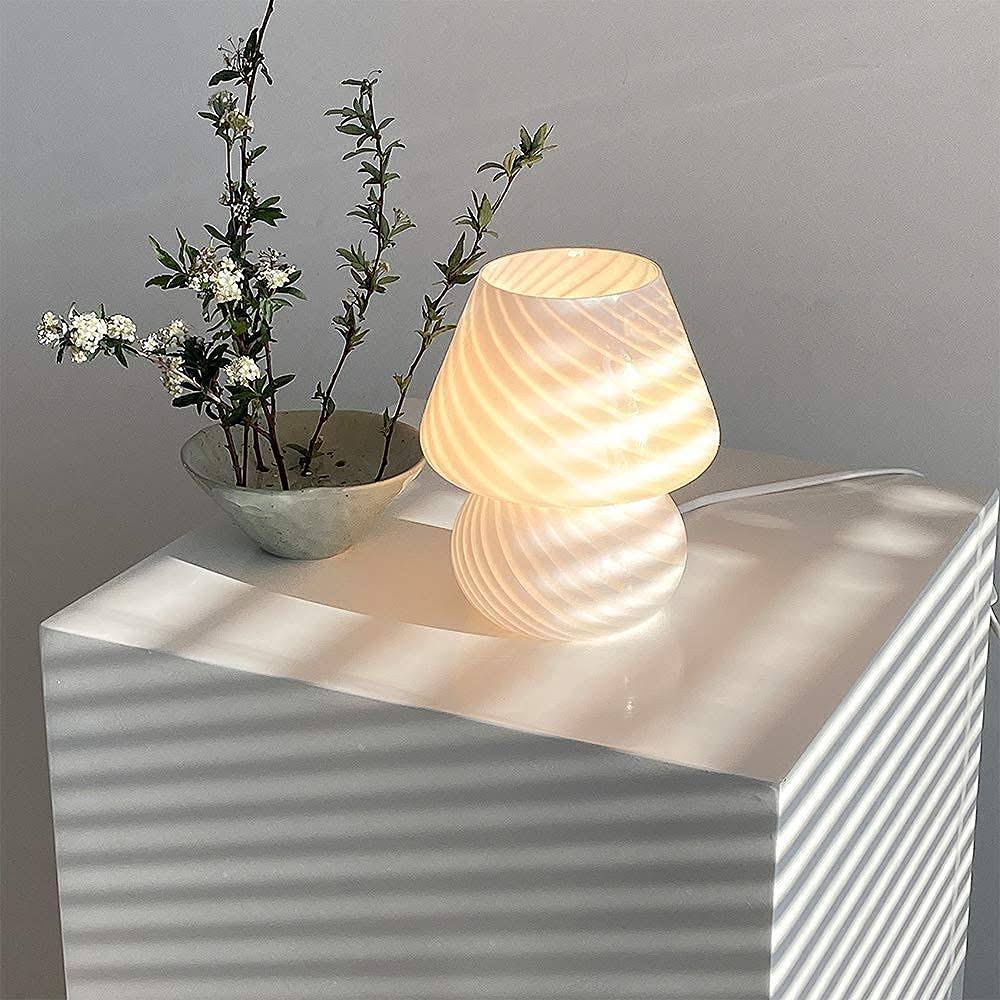 LongTN Translucent Table Mushroom Lamp Italian Style Modern Striped Glass Bedside Lamps Desk Light, used for Baby Home Decoration of