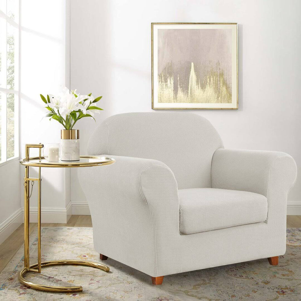 Howkwa Textured Grid Stretch Box Cushion Armchair Slipcover Winston Porter Fabric: White